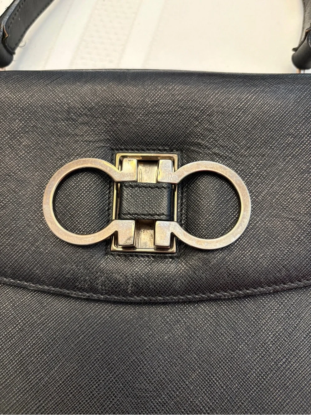 Salvatore Ferragamo Double Gancini Top Handle Black Leather Bag Made in Italy